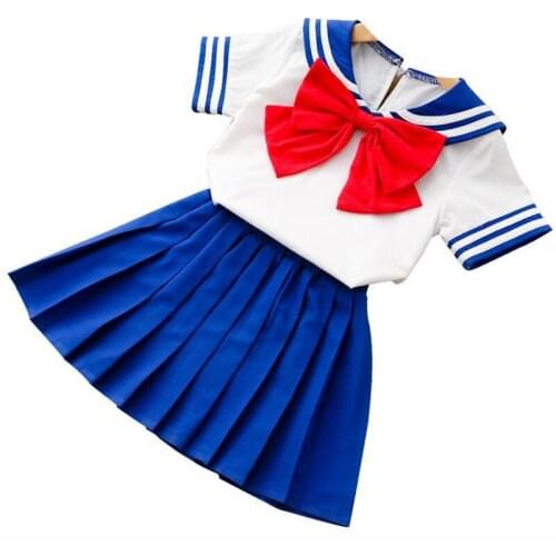DFXD Toddler Girls Summer Clothing Set 2018 Novelty Short Sleeve Blue White Stitching Big Red Bowknot T-shirt+Pleated Skirt 2-8Y