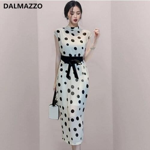 DALMAZZO Retro Print Dot Chiffon Long Dress With Lining 2021 New Summer Women Sleeveless Lacing Split Dress Vestidos Plus Size