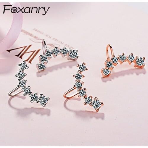 Foxanry 925 Sterling Silver Sparkling Single Row Zircon Stud Earrings for Women Trendy Elegant Bride Jewelry Prevent Allergy