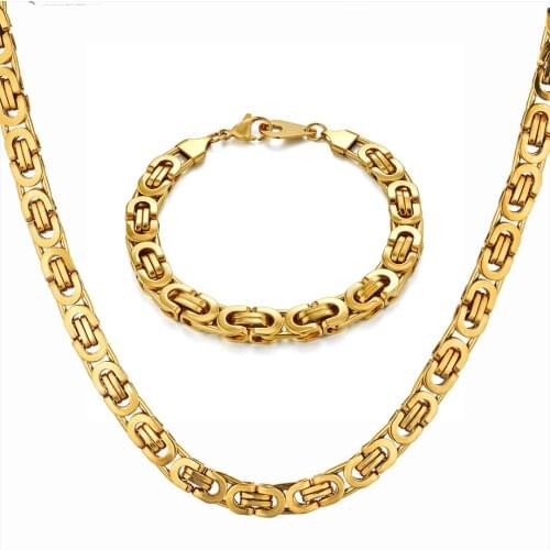 Hip Hop Byzantine Box Chain Set Gold Color Solid Stainless Steel Jewelry Sets For Men/Women 2019 Hot Sale RU Necklace & Bracelet