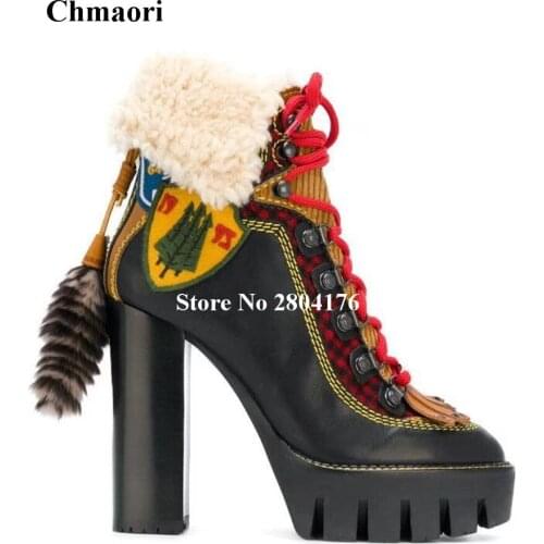 2017 Hot Selling Cross-tied Hoof Heel Winter Ankle Super High Booets Round Toe Pointed Floral And Lace-Up Motorcycle Wnman Shoes