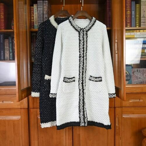 2020FW Autumn Fashion New Women Pearl Knitted Cardigans Sweater Female Chic Long Coat 2 Color