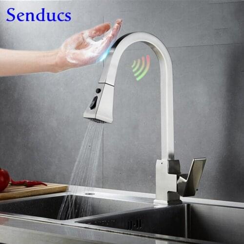 Brushed Nickel Touch Kitchen Faucet Senducs Square Brass Kitchen Mixer Tap Pull Out Touch Kitchen Sink Faucets Sensor Water Tap