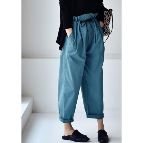 MICOCO K7559C Simple design three - dimensional clipping rope Buds waist Pure cotton straight Casual pants
