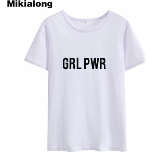 Mikialong Grl Pwr Feminist Tshirt Women 2018 Summer Printed Basic T Shirt Women Top Black White Cotton Camisetas Mujer Tops