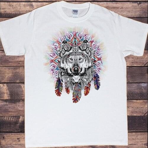 Men’s White T Shirt Colourful Wolf Icon Feathers Tie Dye Print TS758