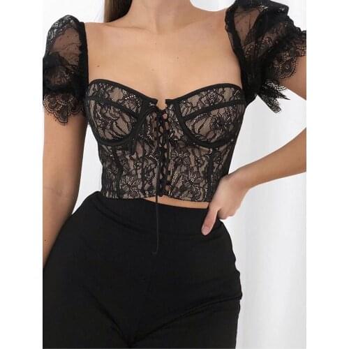 2021NewAsia Stretch Lace Corset Top Embroidered Sexy Blouse See Through Underwire Blouses Billowy Sleeve Crop Top Square Collar