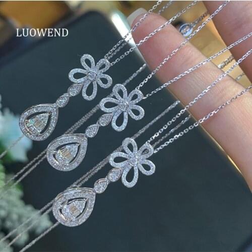 LUOWEND 18K Solid White Gold Pendant Necklace Real Natural Diamond Female Retro Wedding Gift Engagement Exquisite Necklace