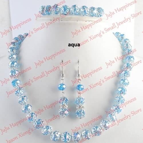 One set Handmade Aqua Crystal Glass Beads Jewelry Set Necklace,Earring and Bracelet 234