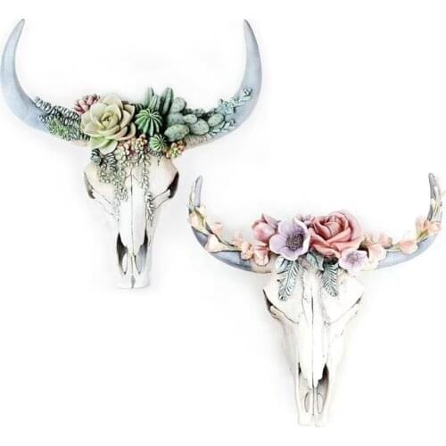 Resin Longhorn Cow Skull Head Wall Hanging Decor 3D Animal Sculpture Figurines Crafts Horns For Home Halloween Decor