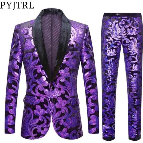 PYJTRL Men Spring Autumn Two Pics Suits Sequins Velvet Purple Floral Sequins Blazers Wedding Prom Stage DJ Singers Suit Jacket