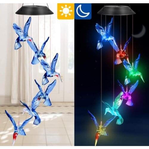 Solar Hummingbird Butterfly Wind Chimes Party Decor Color Changing Outdoor Waterproof Mobile Hanging Pendant Lights 2pcs/lot