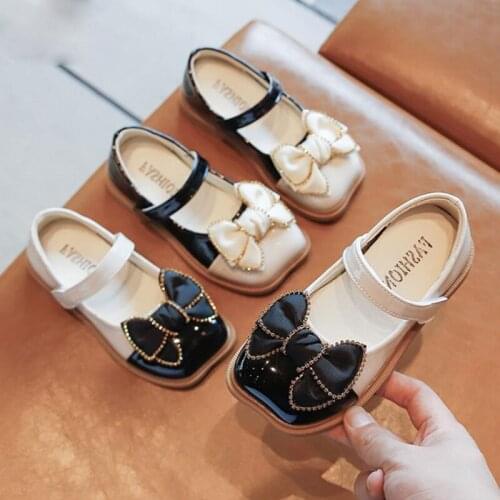 Kids Shoes Girls Shoes Cute Bowknot Girls Dress Shoes Princess Rhinestone PU Leather Flats Shoes Girls