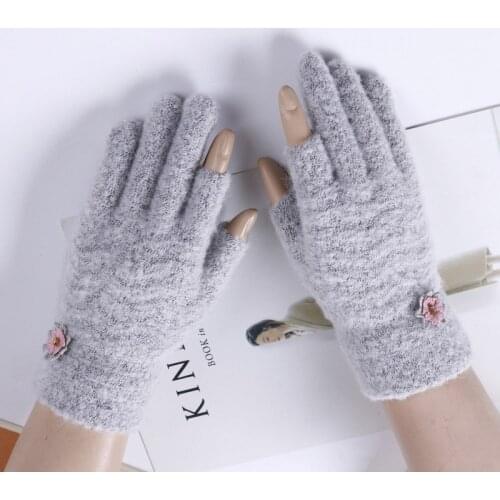 Female Fashion Exposed Forefinger Thumb Knit Touch Phone Screen Gloves Winter Women Cashmere Full Finger Warm Flower Gloves A49