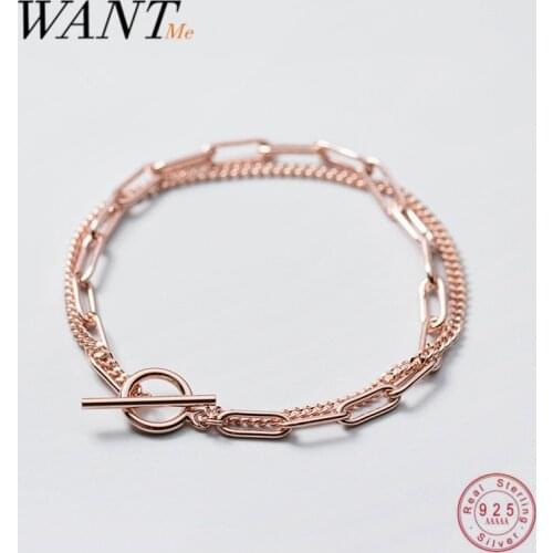 WANTME Genuine 925 Sterling Silver Double Gothic Link Chain Geometric Ring Clasp Bracelet for Women Punk Rock Party Jewelry 2021