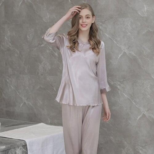 Women Gray Pajamas Set Sexy V-neck 2PCS Sleepwear Satin Silky Shirt&Pants Femme Casual Pijamas Suit Summer New Pijamas Suit