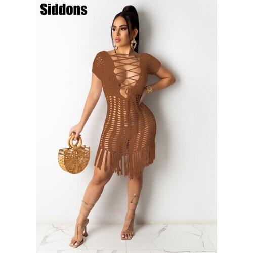 Women See Through Wrap Dress Lace Up Crochet Hollow Out Tassel Bohemian Dress