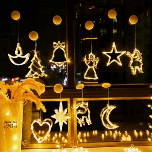 1PC LED Christmas lights Deer Tree Bells Star Fairy String Lamp Curtain Suction Cup Chandelier for Home New Year Wedding Decor