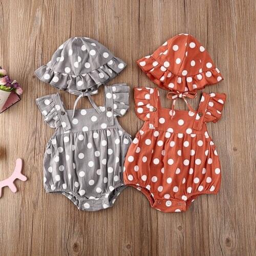 2021 Baby Summer Clothing Newborn Toddler Infant Baby Girl Hat Jumpsuit Bodysuit Dots Print Clothes Sunsuit