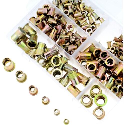 210PCS/Box Carbon Steel Rivet Nuts Carbon Steel M4 M5 M6 M8 M10 M12 Flat Head Rivet Nuts Set Hardware Parts