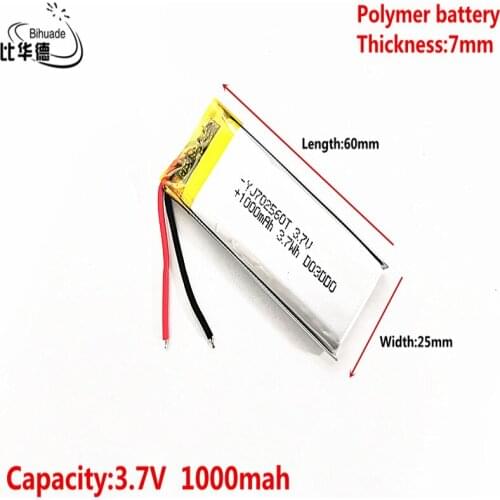 3.7V 1000mAh 702560 Lithium Polymer Li-Po li ion Rechargeable Battery cells For Mp3 MP4 MP5 GPS mobile bluetooth