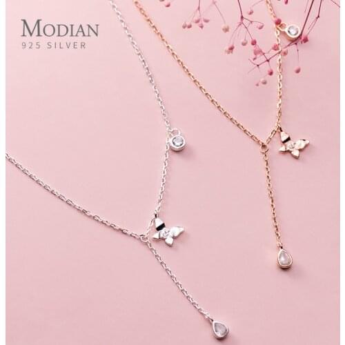 Modian Round Zircon Cute Butterfly Tassel Water Drop Water Y Shape Sterling Silver 925 Pendant Necklace for Women Fine Jewelry