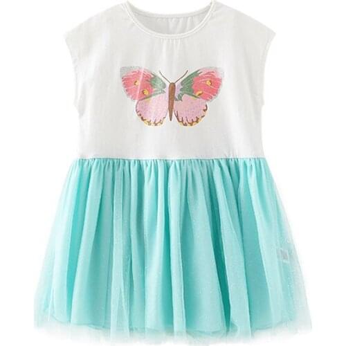 Jumping Meters Fashion Breathable Girls with Butterfly Net Pattern Cotton Kids Summer Sling Sleeveless Dress for Casual Skirt