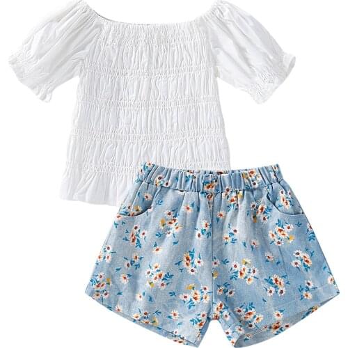 Girls Casual Cute Two-Piece Clothes Set White Solid Color Round Collar Short Sleeve Tops + Shorts Floral Print 1-6 Years