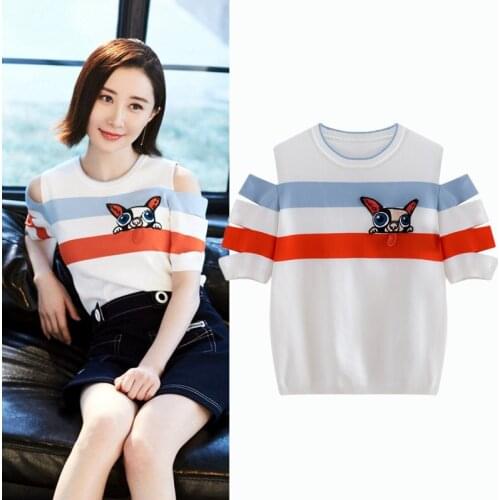 Women High Quality Knitting T-Shirt Female 2021 New Summer Fashion Casual Tops Ladies Luxury Embroidery Dog Appliques Tees SY205