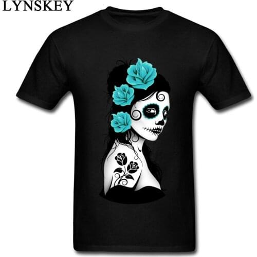 Blue Day of the Dead Sugar Skull T-Shirts Winter Tops Shirts Round Collar Pure Cotton Adult T Shirt Printed Tee-Shirts Hot Sale
