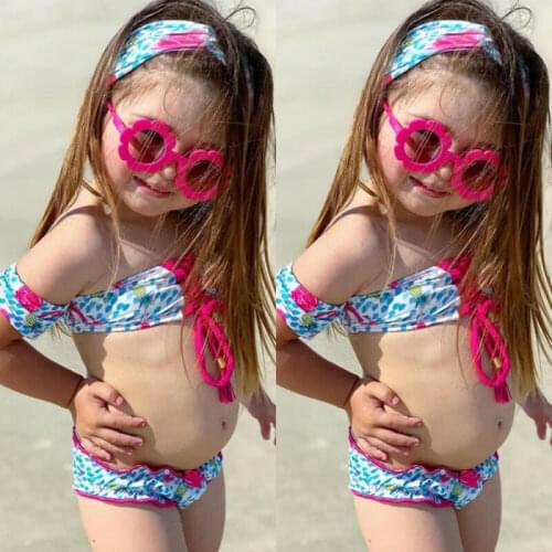 3PCS Toddler Baby Girl Cartoon Printed Swimwear Swimsuit Bikini Set Beachwear With Headband Bathing Suit