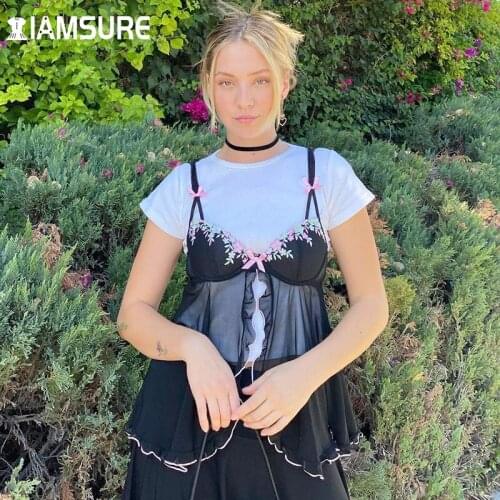 IAMSURE Floral Print Lace Patchwork Camis Bow Baggy Hollow Out Mesh Tops Low Cut Split Bralette Top Casual Streetwear Holiday