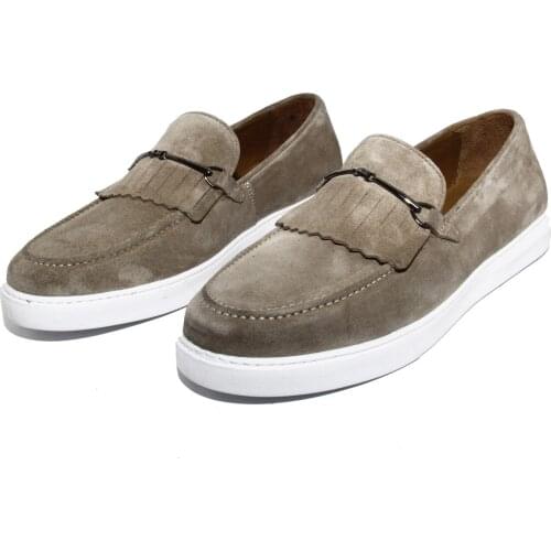 Handmade Kiltie Loafers with Lightweight & Soft EVA Sole Technology, Beige Cow Suede, Casual Shoes New Collection Spring 2021