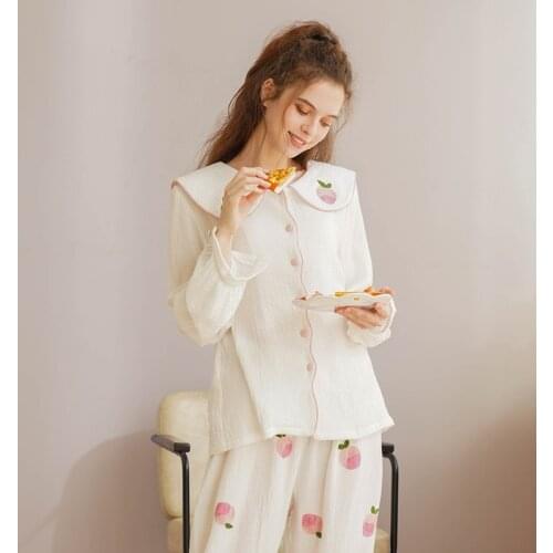 Fashion Cute Cotton Peach Print Womens Pajamas Sets Big Turn-Down Collar Spring Autumn Long Sleeve Sleepwear Cardigan Nightwear