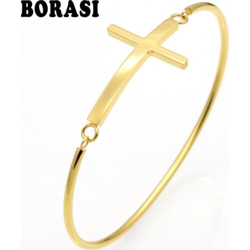 Fashion Gold Sideways Cross Faith Christian Stainless Steel Cross Bracelet Simple Tiny Small Horizontal Cross Bracelets