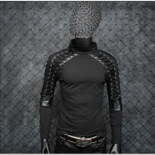 Punk Rock Costumes Men Singer Slim Long-sleeved T-shirt Bandage Design Stretch Hip Hop Nightclub Youth Tide Singers Clothing
