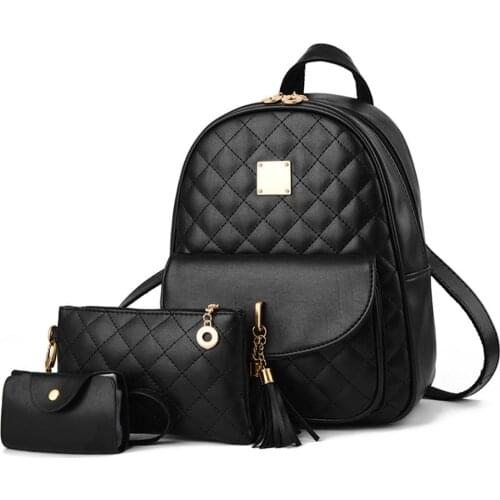 Diamond Lattice Black Leather Backpack Set 3pcs School Bags For Girls Waterproof Tassel Travel Shoulder Bag Mochilas Para Mujer