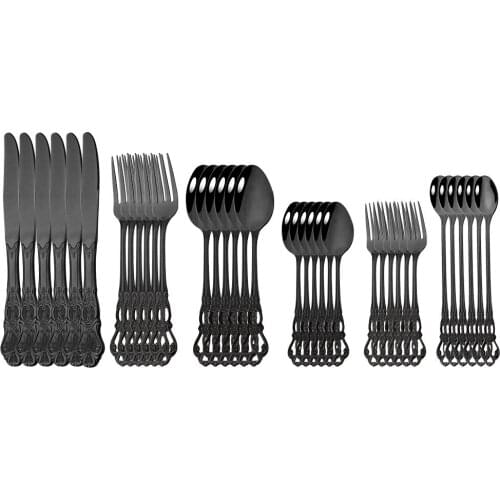 36pcs/6set Black Stainless Steel Set Royal Cutlery Vintage Dinnerware Dessert Spoons Forks Kitchen Tableware Dinner Silverware