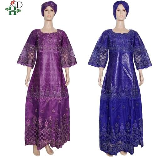 H&D 2020 New African Dresses For Women Riche Bazin Dashiki Maxi Dress Lady Clothes Wedding Gowns Nigerian Headtie Headband 159-1