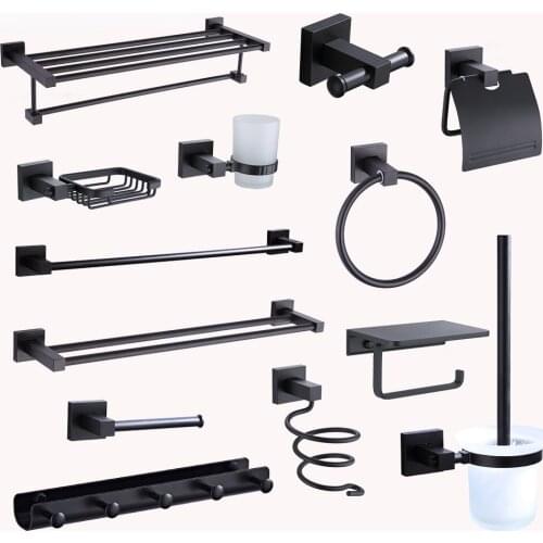 Solid Aluminum Bathroom Hardware Accessories Towel Rack Shelf Single Towel Holder Wall Air Blower Rack Toilet Brush Holder Hook