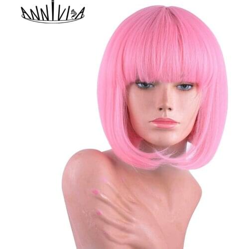 Straight Hair Bob Wig With Bangs For Women Synthetic Glueless Wigs Medium Length Heat Resistant Short Hair Cosplay Wigs Annivia