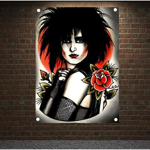 Rose girl Tattoo Banners Vintage Canvas Painting Wall Art Print Posters Mural Hanging Flags 4 Gromments in Corners Home Decor