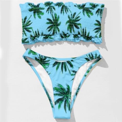 Sexy Off Shoulder Bandeau Bikini 2021 Mujer Swimwear Women Coconut Tree Print Pleated Swimsuit Beachwear Thong Bathing Suit
