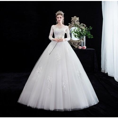 Wedding Dress Luxury Full Sleeve V-neck Lace Up Ball Gown Princess Classic Lace Wedding Dresses Plus Size Bride Dress