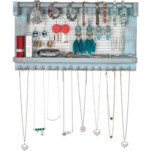 Jewelry-Wall Mounted Jewelry Stand With Detachable Bracelet Bar,Shelf And16Hooks-Perfect Earrings,Necklaces Stand storage blue