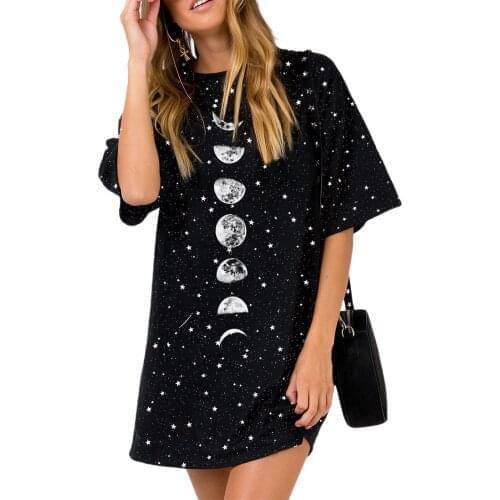 Women Summer Long T-Shirt, Planet/Sun/Face/Tie-Dye O-Neck Short Sleeves Casual Skirt for Girls