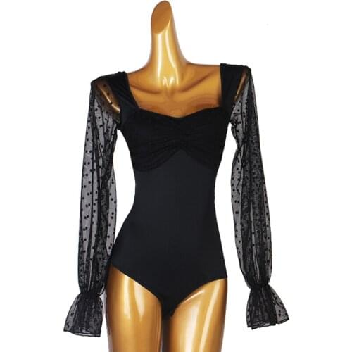 Women Latin Clothes lace Long-Sleeved One-Piece Dance Costume Female black Slim Coat ballroom dance sexy top
