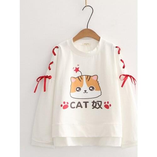 Autumn Mori Girls Sweet Sweatshirts Women Japan Style Bow Bandage Long Sleeve Cartoon Print Patchwork Kawaii Hoodies for Student
