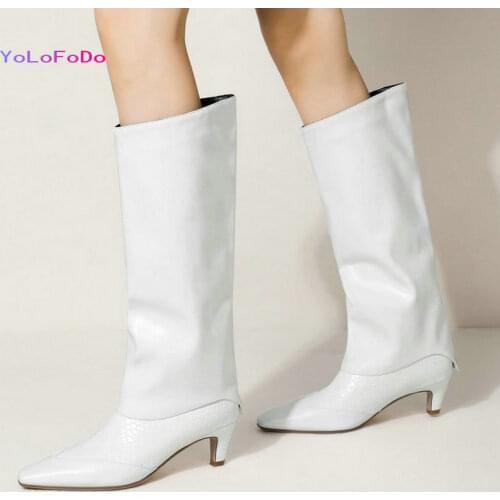 Black Winter Brown Women Knee High Boots High Quality Faux Cow Leather Women Square Heel Boots Slip on Square Toe Ladies Boots