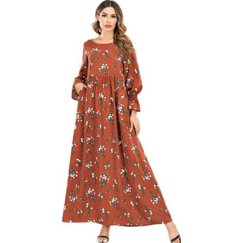 Middle East Arab Abaya Floral Printed Long Dress Muslim Islamic Fall Long Sleeve Robe Women O-neck Casual Gown Moroccan Ramadan